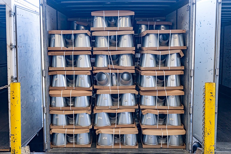 HVAC duct products and sheet metal components loaded in truck for commercial delivery and distribution